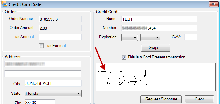 The white box area displaying a captured signature on the Credit Card Sale window.